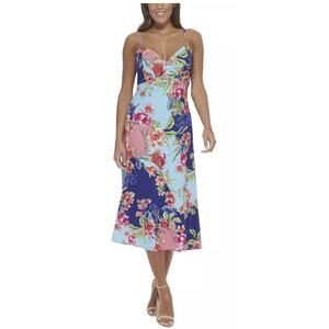 Guess Women's Twist Sweetheart Neck Slip Dress in Blue Coral Multi Size 12 $128